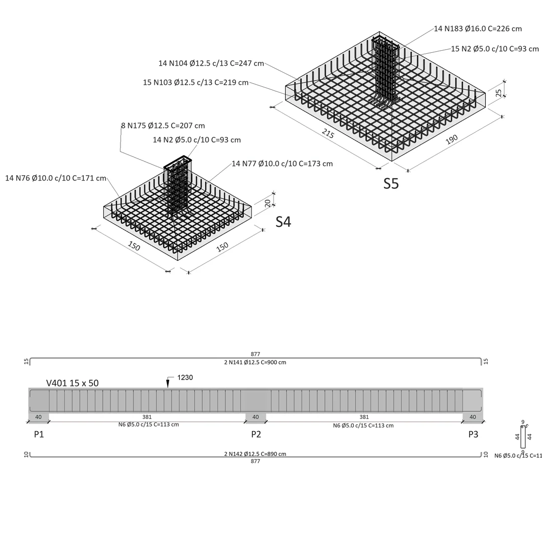 vista 3d isométrica de sapata e viga